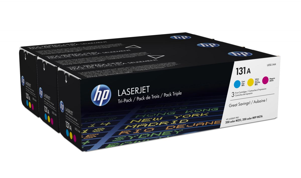 a36681 HP Toner/131A Tri-Pack CYM LJ Cartridge HP 131A - 3-pack - yellow. cyan. magenta - original - LaserJet - toner cartridge ( U0SL1AM ) - Afbeelding 1